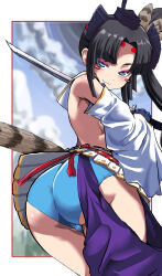 Rule 34 | 1girl, absurdres, armor, asymmetrical clothes, black hair, blue eyes, blue gloves, blue panties, blurry, blurry background, blush, breasts, closed mouth, commentary request, detached sleeves, fate/grand order, fate (series), feather hair ornament, feathers, gloves, hair ornament, hat, highres, holding, holding sword, holding weapon, japanese armor, katana, kusazuri, long hair, looking at viewer, looking back, medium breasts, panties, parted bangs, rano (ranosan), revealing clothes, side ponytail, sideboob, single pantsleg, smile, solo, sword, tate eboshi, underwear, ushiwakamaru (fate), weapon, white sleeves