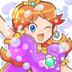 Rule 34 | 1girl, artist name, blue eyes, brooch, brown hair, bubble, bubble daisy, crown, dress, earrings, flipped hair, flower earrings, grin, hand up, jewelry, mario (series), nintendo, one eye closed, open mouth, princess daisy, puffy short sleeves, puffy sleeves, purple dress, short sleeves, smile, super mario bros. wonder, tomboy, upper body, wink