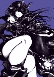 Rule 34 | 10s, 1girl, absurdres, abyssal ship, black dress, black hair, blindfold, cannon, covered eyes, dress, floating hair, gloves, highres, horns, kantai collection, light cruiser princess, long hair, mask, monochrome, parted bangs, parted lips, purple background, purple theme, school uniform, serafuku, short dress, simple background, sleeveless, solo, turret, yamano (yamanoh)