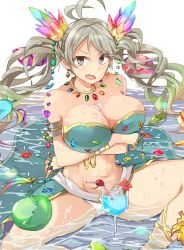 Rule 34 | &gt;:o, 10s, 1girl, :o, apple, armlet, bare shoulders, bikini, blonde hair, bracelet, breast hold, breasts, cherry, cleavage, crystal, de la fille, drink, drinking straw, earrings, female focus, flower, food, fruit, gradient hair, granblue fantasy, green hair, grey eyes, grey hair, hair ornament, jewelry, large breasts, long hair, multicolored hair, navel, necklace, open mouth, rainbow hair, red hair, ring, sitting, solo, swimsuit, takemura makoto (hakushikei), twintails, v-shaped eyebrows, water, wavy mouth