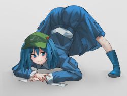 Rule 34 | 1girl, aesur a, baseball cap, blue eyes, blue hair, blush, boots, full body, grey background, hair bobbles, hair ornament, hat, highres, jack-o&#039; challenge, kawashiro nitori, long hair, long sleeves, looking at viewer, rubber boots, simple background, smile, solo, spread legs, top-down bottom-up, touhou, twintails