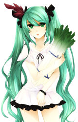 Rule 34 | bad id, bad pixiv id, bracelet, green eyes, green hair, hatsune miku, jewelry, lipstick, long hair, makeup, meimone, miniskirt, ribbon, skirt, solo, spring onion, twintails, very long hair, vocaloid, world is mine (vocaloid)