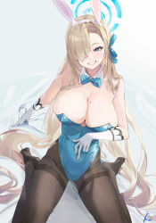 Rule 34 | 1girl, absurdres, animal ears, asuna (blue archive), asuna (bunny) (blue archive), bare shoulders, black pantyhose, blonde hair, blue archive, blue bow, blue bowtie, blue eyes, blue leotard, bow, bowtie, breasts, cameltoe, cleavage, commentary request, covered navel, detached collar, fake animal ears, feet, gloves, hair over one eye, halo, highleg, highleg leotard, highres, kingsle44411108, large breasts, leotard, light blush, long hair, looking at viewer, mole, mole on breast, no shoes, official alternate costume, one eye covered, pantyhose, playboy bunny, rabbit ears, simple background, sitting, smile, soles, solo, strapless, strapless leotard, thighs, toes, traditional bowtie, very long hair, wariza, white background, white gloves
