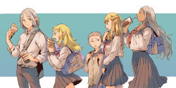 Rule 34 | 1boy, 4girls, :t, bag, blouse, blue eyes, cardigan, chewing, cithis, closed mouth, collared shirt, contemporary, cowboy shot, crepe, crumbs, cup, disposable cup, dress shirt, drink, drinking, drinking straw, drinking straw in mouth, dungeon meshi, eating, elf, fleki, food, food on face, green eyes, grey eyes, grey hair, hair around ear, half updo, hand on own chin, highres, holding, holding drink, holding food, ice cream, jack (haist), long hair, long skirt, long sleeves, looking at another, lycion, multiple girls, neckerchief, no neckwear, open mouth, otta (dungeon meshi), pants, pattadol, pleated skirt, pointy ears, profile, scarf, school bag, school uniform, serafuku, shirt, short hair, skirt, stroking own chin, twintails, very long hair, walking, white shirt