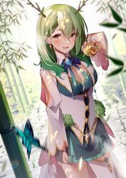 Rule 34 | 1girl, antlers, apple, artist name, blush, braid, braided bangs, branch, breasts, bridal gauntlets, brown eyes, ceres fauna, cleavage, commentary, food, fruit, golden apple, green hair, hair between eyes, highres, holding, holding food, holding fruit, hololive, hololive english, horns, large breasts, long sleeves, looking at viewer, medium hair, mole, mole under eye, nail polish, nasenbi, open mouth, signature, single braid, single thighhigh, smile, solo, standing, tears, thighhighs, thighs, virtual youtuber, white thighhighs