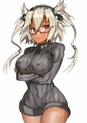 Rule 34 | 10s, 1girl, alternate costume, blonde hair, bottomless, breast hold, breasts, brown eyes, casual, dark skin, dark-skinned female, covered erect nipples, female focus, frown, glasses, headgear, hi nomase ijin, highres, kantai collection, large breasts, long hair, long sleeves, looking at viewer, musashi (kancolle), naked sweater, no pants, pointy hair, ribbed sweater, semi-rimless eyewear, simple background, solo, sweater, turtleneck, twintails, two side up, under-rim eyewear, upper body, white background
