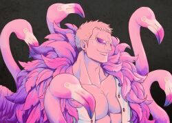 Rule 34 | 1boy, animal, bird, black background, blonde hair, buttons, coat, donquixote doflamingo, earrings, feather coat, flamingo, jewelry, k-4000, looking to the side, male focus, muscular, muscular male, one piece, open clothes, pectorals, pink coat, shirt, short hair, sunglasses, upper body, white shirt