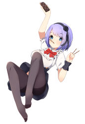 Rule 34 | 10s, 1girl, absurdres, arm up, between fingers, black flower, black pantyhose, black ribbon, black rose, black skirt, blue eyes, blush, bow, bowtie, box, breasts, collar, dagashi kashi, eyebrows, female focus, flower, food, food in mouth, frilled collar, frilled shirt collar, frills, full body, gin00, hair flower, hair ornament, hair ribbon, hairband, high-waist skirt, highres, holding, holding food, large breasts, looking at viewer, mouth hold, no shoes, pantyhose, purple hair, red bow, red bowtie, ribbon, ringed eyes, rose, shidare hotaru, shirt, short hair, short sleeves, simple background, skirt, solo, suspender skirt, suspenders, swept bangs, thighband pantyhose, upskirt, wafer stick, white background, white shirt, wrist cuffs