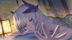 Rule 34 | 1girl, architecture, bed sheet, blanket, dmith, dragon girl, dragon horns, east asian architecture, fate/grand order, fate (series), grey hair, horns, kiyohime (fate), kiyohime (third ascension) (fate), lamp, long hair, lying, multiple horns, naked sheet, on stomach, pillow, red eyes, solo, under covers