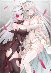 Rule 34 | 2girls, azur lane, bare shoulders, black dress, black gloves, black legwear, blue eyes, blush, breasts, cleavage, closed mouth, collarbone, dress, dual persona, elbow gloves, emden (azur lane), eyepatch, feathers, feet out of frame, flower, gloves, hair ornament, highres, large breasts, licking lips, long hair, looking at viewer, multiple girls, open mouth, partially fingerless gloves, red eyes, red flower, red rose, rose, sai-go, siblings, simple background, sisters, standing, thighhighs, tongue, tongue out, torn clothes, torn legwear, white dress, white flower, white hair, white legwear, white rose