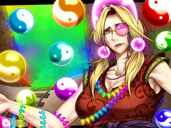 Rule 34 | 1girl, blonde hair, breasts, cleavage, closed mouth, collarbone, commentary request, expressionless, hair over shoulder, jewelry, large breasts, lips, long hair, looking at viewer, low twintails, magatama, magatama necklace, monocle, necklace, orb, parted bangs, patterned clothing, pink-tinted eyewear, railroad tracks, rainbow order, red shirt, ryuuichi (f dragon), shirt, sleeveless, sleeveless shirt, solo, tamatsukuri misumaru, tinted eyewear, touhou, twintails, upper body, yellow-framed eyewear, yellow eyes, yin yang, yin yang orb