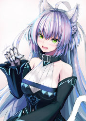 Rule 34 | 1girl, :d, ahoge, animal ears, atalanta (fate), atalanta alter (fate), atalanta alter (first ascension) (fate), bad id, bad pixiv id, bare shoulders, belt buckle, belt collar, black collar, black dress, blush, braid, breasts, buckle, cat ears, cat girl, cat tail, collar, collarbone, commentary request, detached sleeves, dress, fang, fate/grand order, fate (series), gradient hair, green eyes, grey background, hair between eyes, highres, kanogi, long sleeves, looking at viewer, medium breasts, multicolored hair, open mouth, purple hair, silver hair, sleeveless, sleeveless dress, smile, solo, tail, v-shaped eyebrows