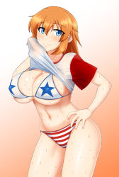 Rule 34 | 1girl, american flag bikini, american flag print, bikini, blue eyes, blush, breasts, charlotte e. yeager, cleavage, closed mouth, clothes lift, covered erect nipples, flag print, gradient background, hand on own hip, highres, kunashiri (etorofu), large breasts, lifted by self, looking at viewer, navel, orange background, orange hair, print bikini, shirt lift, simple background, solo, standing, strike witches, sweat, swimsuit, white background, world witches series