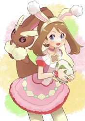 Rule 34 | 1girl, animal ears, blush, brown hair, choker, commentary request, creatures (company), egg, eyelashes, fake animal ears, game freak, gen 4 pokemon, grey eyes, hairband, highres, holding, holding egg, looking to the side, lopunny, may (pokemon), may (spring 2021) (pokemon), moegi itsukashi, nintendo, official alternate costume, open mouth, pantyhose, pokemon, pokemon (creature), pokemon egg, pokemon masters ex, purple choker, smile, tongue, wrist cuffs, yellow hairband, yellow pantyhose
