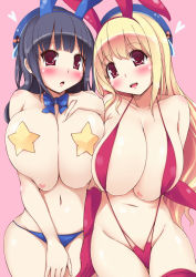 Rule 34 | 10s, 2girls, animal ears, atago (kancolle), bad id, bad pixiv id, beret, bikini, black hair, blonde hair, blue bikini, blue bow, blue bowtie, blush, bow, bowtie, breasts, breasts squeezed together, chestnut mouth, cleavage, curvy, deep skin, elbow gloves, embarrassed, fake animal ears, gloves, hand on own chest, hat, head tilt, heart, huge breasts, kantai collection, long hair, looking at viewer, morita (moritania), multiple girls, navel, open mouth, pasties, pink background, rabbit ears, red bikini, red eyes, red gloves, side-by-side, single thighhigh, sketch, slingshot swimsuit, smile, star (symbol), star pasties, swimsuit, takao (kancolle), thighhighs