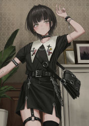 Rule 34 | 1girl, absurdres, arm tattoo, bag, belt, black bag, black belt, black dress, black hair, black nails, black thighhighs, blush, bracelet, chain, closed mouth, clothes pin, collar, cowboy shot, cross, dress, ear piercing, earrings, fingernails, gishiki (gshk), hair intakes, hand up, highres, jewelry, latin cross, looking at viewer, medium hair, multiple piercings, nail polish, o-ring, o-ring thigh strap, original, piercing, pin, plant, potted plant, short dress, short sleeves, shoulder bag, single thighhigh, smiley face, solo, spiked bracelet, spiked collar, spikes, standing, studded bracelet, tattoo, thigh strap, thighhighs, w, yellow eyes