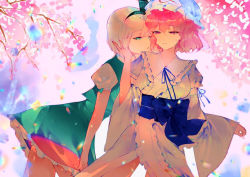 Rule 34 | 2girls, backlighting, black hairband, black ribbon, blue headwear, blue kimono, blue ribbon, blurry, bob cut, bow, breasts, cherry blossoms, chromatic aberration, closed mouth, commentary request, contrapposto, cowboy shot, depth of field, frills, green bow, green eyes, green skirt, green vest, hair between eyes, hair ribbon, hairband, half-closed eyes, hand on another&#039;s cheek, hand on another&#039;s face, hat, japanese clothes, kimono, konpaku youmu, large breasts, leaning forward, lens flare, light smile, looking at another, mob cap, multiple girls, outdoors, petticoat, pink eyes, pink hair, puffy short sleeves, puffy sleeves, ribbon, saigyouji yuyuko, short hair, short sleeves, shru (ss sl99), silver hair, skirt, skirt set, touhou, vest, yuri