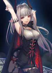 Rule 34 | 1girl, arm behind head, arm up, armband, black cape, black panties, black thighhighs, bug, butterfly, cape, corset, hide (hideout), highres, horns, insect, long hair, original, panties, red eyes, silver hair, sleeveless, slit pupils, smile, solo, stretching, thighhighs, underwear, vampire