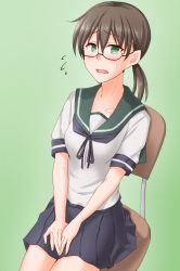 Rule 34 | 1girl, anti (untea9), blue neckwear, blue sailor collar, blue skirt, brown hair, c2-chan, c2 kikan, chair, cosplay, cowboy shot, flying sweatdrops, fubuki (kancolle), fubuki (kancolle) (cosplay), glasses, green eyes, highres, kantai collection, looking at viewer, low ponytail, open mouth, pleated skirt, sailor collar, short sleeves, sitting, skirt, solo
