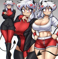 Rule 34 | 1girl, alternate costume, armband, black boots, black horns, black jacket, blush, boots, breasts, business suit, cleavage, demon girl, demon horns, demon tail, dolphin shorts, formal, gym shirt, gym shorts, gym uniform, hado (zzzhadozzz), hands on own hips, heart, heart-shaped pupils, helltaker, highres, horns, jacket, large breasts, modeus (helltaker), official alternate costume, pantyhose, pencil skirt, red eyes, red shorts, ribbed sweater, shirt, short shorts, shorts, skirt, suit, sweater, symbol-shaped pupils, tail, thick thighs, thighs, turtleneck, turtleneck sweater, white background, white hair, white shirt