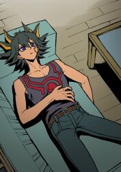 Rule 34 | 1boy, absurdres, belt, black hair, black shirt, black tank top, blue eyes, coffee table, couch, facial mark, facial tattoo, floor, fudo yusei, hand on own stomach, highres, indoors, leather belt, lying, male focus, marking on cheek, multicolored hair, night, on back, on couch, open mouth, pants, parted lips, shirt, short hair, solo, spiked hair, streaked hair, table, tank top, tattoo, wooden floor, worried, youko-shima, yu-gi-oh!, yu-gi-oh! 5d&#039;s