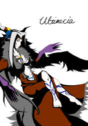 Rule 34 | 1990s (style), 1girl, barefoot, black wings, breasts, character name, cleavage, dissidia final fantasy, dress, elf, facial mark, final fantasy, final fantasy viii, grey hair, jewelry, long hair, midriff, necklace, pointy ears, solo, ultimecia, white background, wings, yellow eyes