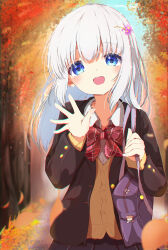 Rule 34 | 1girl, absurdres, autumn, autumn leaves, bag, black jacket, black skirt, blue eyes, blunt bangs, bow, bowtie, brown vest, charm (object), collared shirt, falling leaves, fleina note, flower, hair flower, hair ornament, hairclip, hand up, highres, holding strap, jacket, leaf, long hair, long sleeves, looking at viewer, nature, open hand, open mouth, original, outdoors, plaid, plaid bow, pleated skirt, red bow, red bowtie, school bag, school uniform, shirt, shoulder bag, skirt, smile, solo, tareme, tree, vest, waving, white hair, white shirt, winter uniform