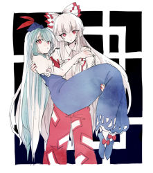 Rule 34 | 2girls, :o, ascot, blue dress, blue footwear, blue hair, blue headwear, bow, carrying, closed mouth, collared shirt, commentary request, dress, fujiwara no mokou, hair bow, hat, head tilt, kamishirasawa keine, long hair, long sleeves, looking at viewer, multiple girls, nail polish, ofuda, ofuda on clothes, pants, princess carry, red ascot, red bow, red eyes, red nails, red pants, shirt, shoes, short sleeves, tarako supa, tokin hat, touhou, two-tone bow, very long hair, white bow, white hair, white shirt