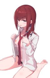Rule 34 | 1girl, barefoot, black panties, blue eyes, blush, breasts, collared shirt, embarrassed, feet, highres, kahlua (artist), makise kurisu, navel, necktie, nipples, open clothes, open mouth, open shirt, panties, red hair, red necktie, shirt, shy, simple background, sitting, small breasts, solo, steaming body, steins;gate, sweat, toes, underwear, undressing, wariza, white background, white shirt