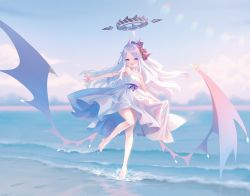 Rule 34 | 1girl, alternate costume, barefoot, blue archive, blush, breasts, day, dress, fang, hair ribbon, halo, highres, hina (blue archive), horns, leg up, long hair, low wings, multiple horns, nishiki koi, open mouth, outdoors, ponytail, purple eyes, ribbon, skirt hold, sky, small breasts, solo, very long hair, water, wet, white dress, white hair, wings
