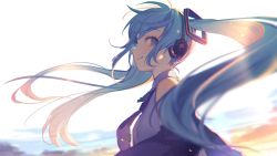 Rule 34 | 1girl, aqua eyes, aqua hair, breasts, cloud, commentary request, detached sleeves, grey shirt, hair ornament, hatsune miku, headphones, highres, long hair, looking at viewer, necktie, outdoors, shirinda fureiru, shirt, sky, sleeveless, sleeveless shirt, small breasts, solo, twintails, upper body, very long hair, vocaloid