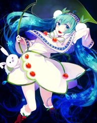 Rule 34 | 1girl, ahoge, aqua hair, bad id, bad pixiv id, boots, rabbit, capelet, flower, green eyes, green hair, hatsune miku, highres, hiroimu, knee boots, leaf, lily of the valley, long hair, looking at viewer, matching hair/eyes, open mouth, snowflake print, snowflakes, solo, twintails, very long hair, vocaloid, yuki miku, yukine (vocaloid)