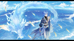 Rule 34 | 1boy, asymmetrical sleeves, black shirt, blue hair, blue robe, chinese clothes, closed mouth, cloud, coral hair ornament, day, double-parted bangs, dragon, eastern dragon, expressionless, feet out of frame, fins, fish, gold trim, hair between eyes, head fins, holding, holding sword, holding weapon, jian (weapon), letterboxed, long sleeves, looking at viewer, male focus, mandarin collar, medium hair, ocean, pants, red eyes, robe, sash, see-through, see-through sleeves, shirt, shunde raw fish (the tale of food), solo, standing, sword, the tale of food, toruglose, waves, weapon, white pants, white sash, wide sleeves