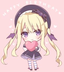 Rule 34 | 1girl, belt, black bow, black footwear, black headwear, black skirt, blonde hair, blush, bow, chibi, closed mouth, commentary request, english text, frilled skirt, frills, full body, hair between eyes, happy birthday, heart, holding, holding heart, hoshi (snacherubi), long hair, long sleeves, looking at viewer, original, over-kneehighs, pink background, purple eyes, shirt, simple background, skirt, sleeves past wrists, smile, solo, standing, striped clothes, striped thighhighs, thighhighs, twintails, very long hair, virtual youtuber, white shirt, wing hair ornament