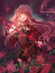 Rule 34 | 1girl, artist name, black skirt, brown eyes, fate/grand order, fate (series), floating hair, flower, gloves, highres, holding, holding whip, long hair, long sleeves, looking to the side, medb (fate), miniskirt, outdoors, parted lips, pink flower, pink hair, pink rose, red flower, red rose, rose, skirt, solo, standing, user szcd8257, very long hair, white gloves