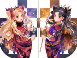 Rule 34 | 2girls, :d, black bow, black hair, blonde hair, bow, closed mouth, commentary request, cowboy shot, crown, earrings, ereshkigal (fate), fate/grand order, fate (series), from side, fur collar, hair bow, holding, ishtar (fate), japanese clothes, jewelry, kimono, long hair, long sleeves, looking at viewer, looking to the side, multiple girls, obi, open mouth, red bow, red eyes, sash, shutsuri, smile, standing, symmetry, tohsaka rin, twintails, wide sleeves