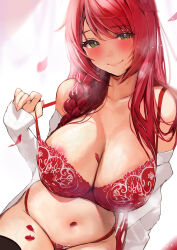 Rule 34 | 1girl, absurdres, areola slip, blush, bra, braid, breasts, cleavage, closed mouth, collarbone, commentary request, falling petals, fingernails, green eyes, highres, inushima, lace, lace-trimmed bra, lace trim, large breasts, long hair, looking at viewer, nail polish, navel, off shoulder, open clothes, open shirt, original, panties, petals, pink nails, red bra, red hair, red panties, red petals, shirt, single braid, smile, solo, stomach, underwear, upper body, white shirt