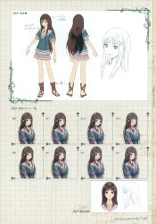 Rule 34 | 1girl, ^ ^, atelier (series), atelier totori, black hair, blouse, blush, breasts, cecilia helmold, character sheet, closed eyes, concept art, expressions, closed eyes, female focus, frills, grey eyes, hair ornament, hairclip, highres, jewelry, kishida mel, long hair, looking at viewer, miniskirt, multiple views, necklace, non-web source, official art, pendant, pleated skirt, sandals, shirt, simple background, skirt, smile, standing, turnaround