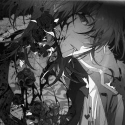 Rule 34 | 1boy, belt buckle, blood, blood on face, buckle, chest tattoo, collared jacket, collared shirt, flower, greyscale, hair over one eye, highres, jacket, jewelry, looking at viewer, luca kaneshiro, male focus, monochrome, mouth hold, necklace, nijisanji, nijisanji en, open clothes, open jacket, open shirt, parted lips, riko-m, rose, shirt, short hair, solo, tattoo, teeth, upper body