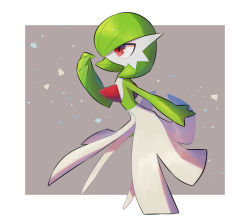 Rule 34 | absurdres, border, colored skin, commentary request, creatures (company), from side, game freak, gardevoir, gen 3 pokemon, hand up, highres, nintendo, nullma, outside border, pokemon, pokemon (creature), red eyes, solo, white border, white skin