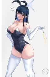 Rule 34 | 1girl, animal ears, bare shoulders, black leotard, blue archive, blue eyes, blue hair, blush, breasts, cleavage, collarbone, elbow gloves, fake animal ears, gloves, grey background, halo, hand on own hip, highres, large breasts, leotard, long hair, looking at viewer, parted lips, playboy bunny, rabbit ears, saori (blue archive), sideboob, simple background, smile, standing, thighhighs, thighs, tyamurai33, white gloves, white thighhighs