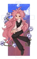 Rule 34 | ahoge, black footwear, black pants, black vest, chinese commentary, closed mouth, commentary request, expressionless, flower, full body, hatsutori hajime, highres, long hair, long sleeves, male focus, pants, parted bangs, pink hair, red eyes, rose, saibou shinkyoku, sweater, turtleneck, turtleneck sweater, very long hair, vest, white flower, white rose, white sweater, yumuxize