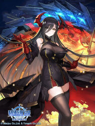 1girl azur_lane black_dress black_hair black_thighhighs breasts buttons cleavage detached_sleeves double-breasted dress eyes_visible_through_hair feather-trimmed_sleeves feet_out_of_frame friedrich_der_grosse_(azur_lane) gloves gold_trim hair_between_eyes highres horns large_breasts long_hair long_hair_between_eyes looking_at_viewer mechanical_horns microdress nijihayashi official_art red_gloves red_horns see-through_cleavage see-through_clothes solo thighhighs very_long_hair zettai_ryouiki