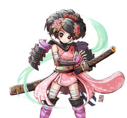 Rule 34 | 1girl, armor, black hair, fighting stance, flower, hair flower, hair ornament, holding, holding sword, holding weapon, j-e-m-g, japanese clothes, momohime, oboro muramasa, ready to draw, solo, sword, weapon