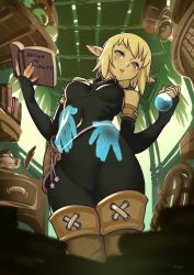 Rule 34 | 1girl, bad id, bad tumblr id, bare shoulders, blonde hair, bodysuit, book, breasts, disembodied hand, elbow gloves, evangelyne (wakfu), fingerless gloves, from below, gloves, green eyes, highres, holding, holding book, open book, optionaltypo, pointy ears, short hair, small breasts, solo, wakfu