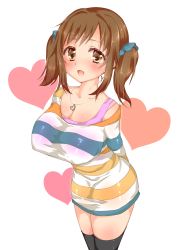 Rule 34 | 10s, 1girl, arms behind back, blush, breasts, brown eyes, brown hair, cleavage, covered erect nipples, idolmaster, idolmaster cinderella girls, jewelry, large breasts, looking at viewer, margamoid, necklace, open mouth, smile, solo, thighhighs, totoki airi, twintails