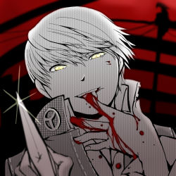 Rule 34 | 1boy, atlus, blood, dark persona, finger in own mouth, glint, glowing, knife, looking at viewer, male focus, narukami yuu, persona, persona 4, portrait, shadow (persona), solo, tokiwa (mukoku)