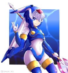 Rule 34 | 1girl, android, blue eyes, bodysuit, breasts, commentary request, cowboy shot, helmet, highres, holding, holding weapon, lemon inu, fairy leviathan (mega man), polearm, mega man (series), mega man zero (series), simple background, small breasts, smile, solo, spear, weapon
