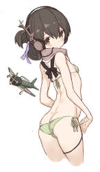 Rule 34 | 10s, 1girl, aircraft, airplane, artist name, ass, bikini, breasts, brown eyes, brown hair, butt crack, cable, cropped legs, folded ponytail, from behind, goekawa, green bikini, headphones, kantai collection, kasuga maru (kancolle), looking at viewer, looking back, ribbon, side-tie bikini bottom, sideboob, simple background, small breasts, solo, swimsuit, taiyou (kancolle), white background