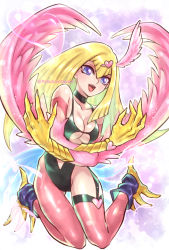 Rule 34 | 1girl, bird legs, blonde hair, blue eyes, breasts, center opening, choker, claws, cleavage, commentary request, duel monster, feathered wings, feathers, hair ornament, harpie girl (yu-gi-oh!), harpy, heart, heart bracelet, heart hair ornament, izapara, leotard, long hair, medium breasts, monster girl, open mouth, pink feathers, pink wings, single leg pantyhose, solo, talons, thighhighs, twitter username, winged arms, wings, yu-gi-oh!